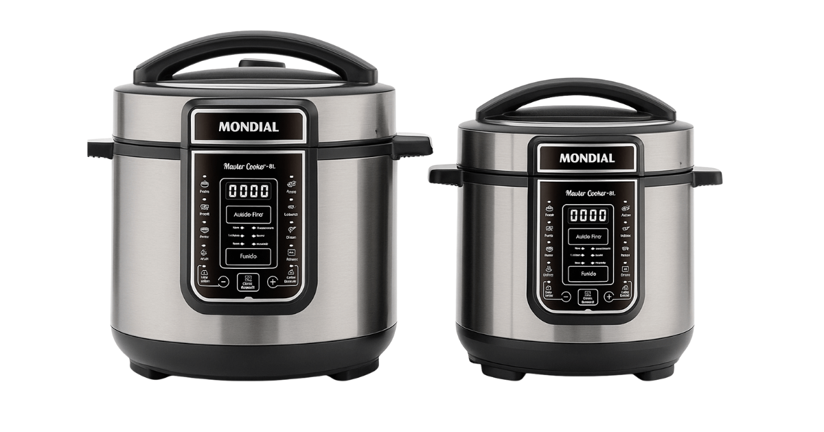 Comparativo de tamanho entre a panela de pressão elétrica Mondial de 5L e a de 6L.