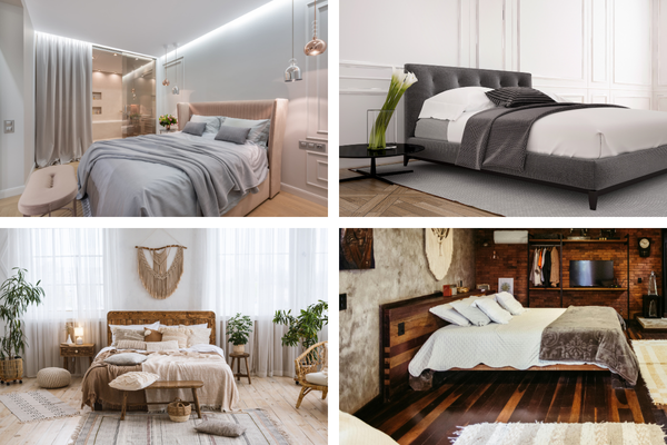 Comparativo de estilos de cabeceira de cama: clássico, moderno, industrial e boho.