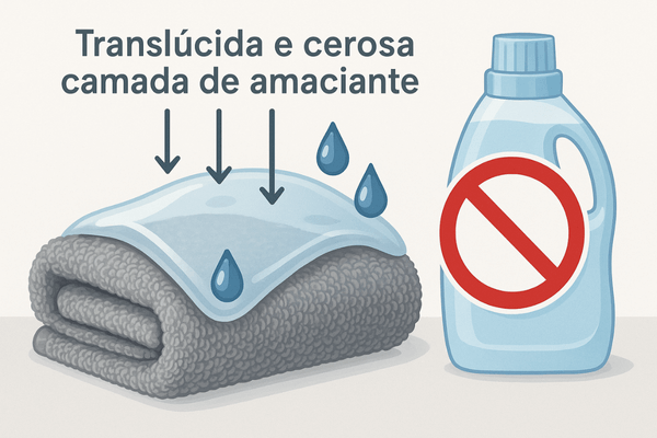 Gráfico explicando como o amaciante cria uma camada que impede a absorção das toalhas de banho.