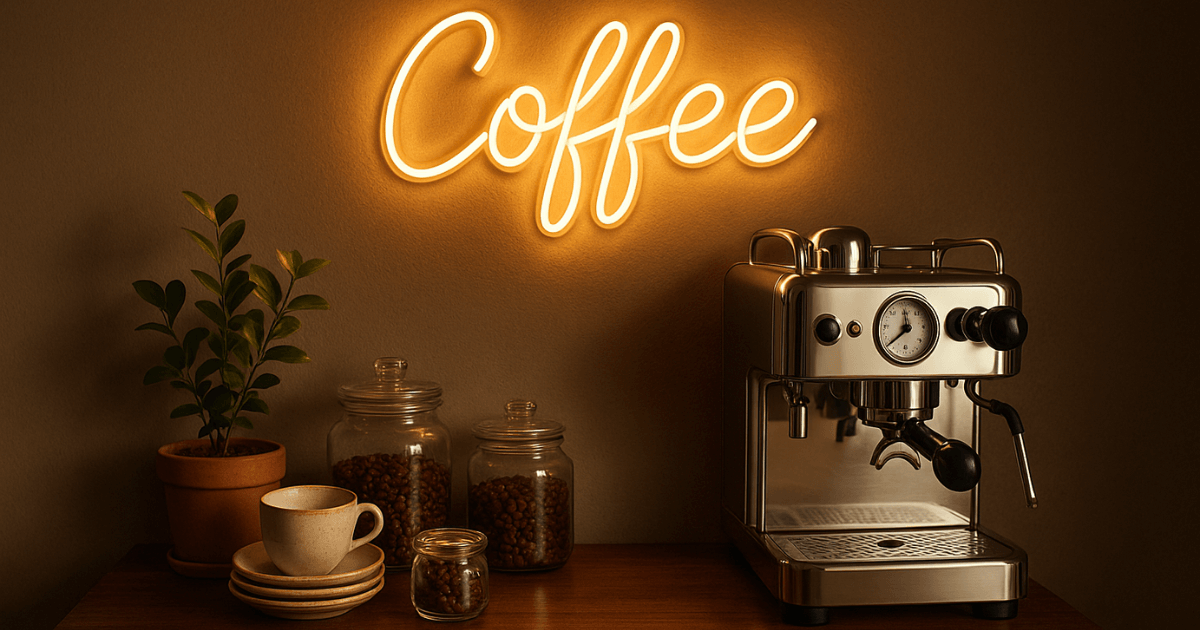 Um lindo e inspirador cantinho do café decorado com máquina de expresso, xícaras e iluminação aconchegante.
