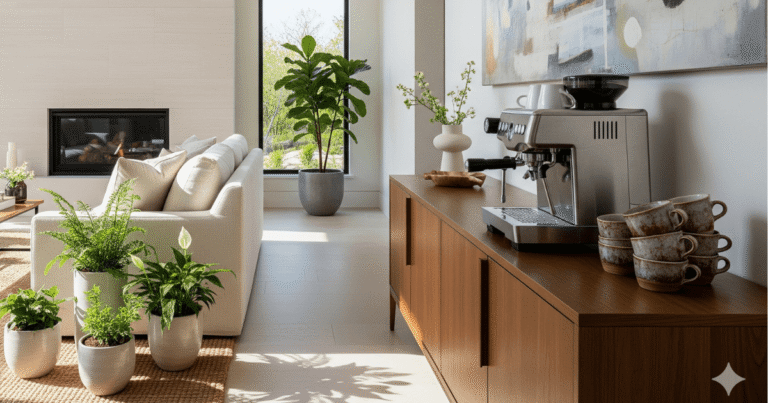 Exemplo de um cantinho do café sofisticado e perfeitamente integrado à decoração de uma sala de estar moderna.