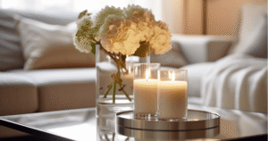 Sala de estar aconchegante com velas aromáticas, ilustrando como ter uma casa cheirosa.