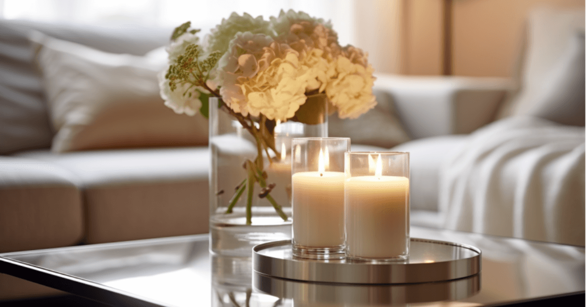 Sala de estar aconchegante com velas aromáticas, ilustrando como ter uma casa cheirosa.