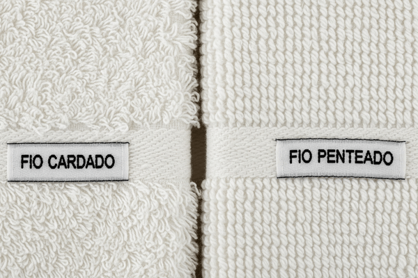 Close-up comparando a textura de uma toalha de fio cardado com a de uma toalha de fio penteado.