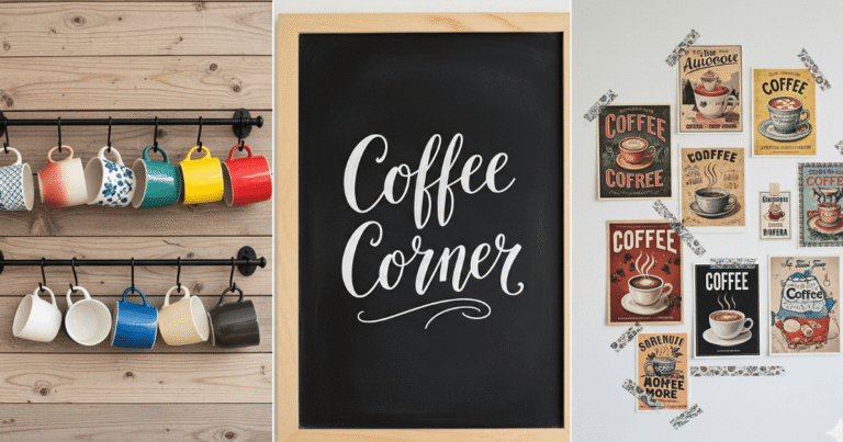 Colagem com três ideias de decoração DIY para a parede do cantinho do café.