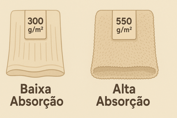 Infográfico explicando como a gramatura (g/m²) afeta a qualidade e a absorção da toalha de banho.