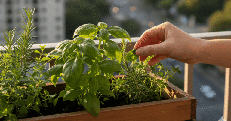 Horta em apartamento com uma pessoa colhendo temperos frescos na varanda ensolarada.