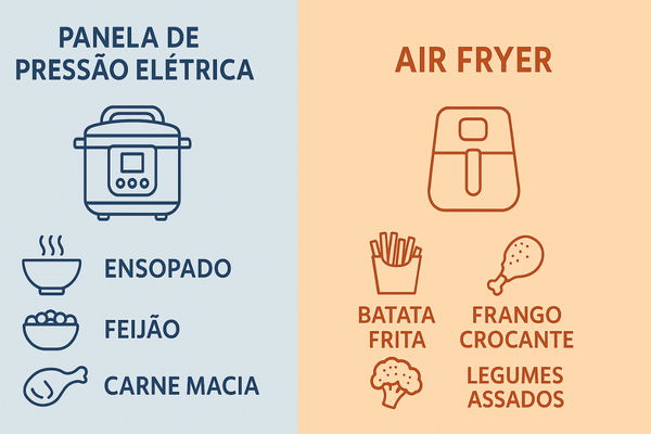 Infográfico comparando os tipos de comida ideais para a panela elétrica e para a air fryer.