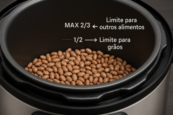 Marcações de limite de 1/2 e 2/3 dentro da panela elétrica, mostrando a quantidade correta de grãos.