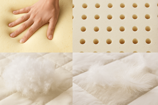 Colagem com os principais materiais de preenchimento de pillow top: espuma viscoelástica, látex, fibra e plumas.