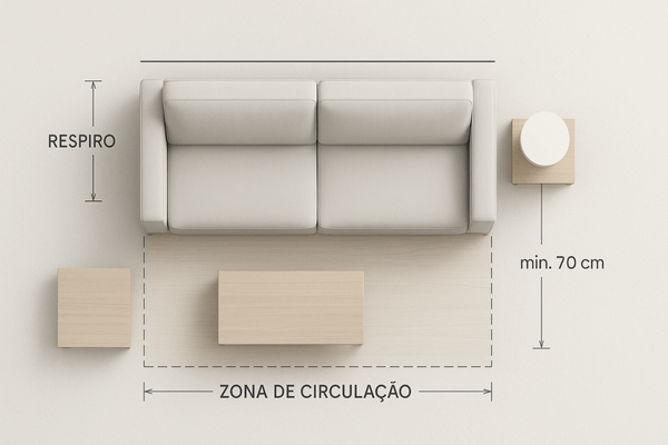 nfográfico mostrando como medir a sala para escolher o tamanho ideal do sofá, incluindo a área de circulação.
