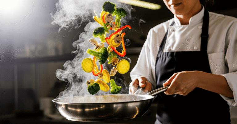 Chef salteando legumes em uma frigideira de aço inox, mostrando o uso profissional do utensílio.