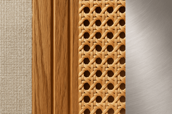 Colagem com as texturas dos melhores materiais para cabeceira de cama: linho, madeira, palhinha e metal.