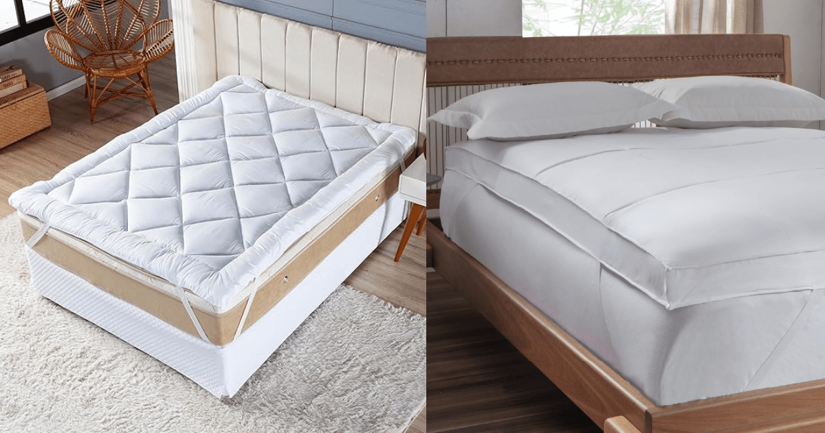 Cama de casal confortável com uma camada visível de pillow top macio sob o lençol.