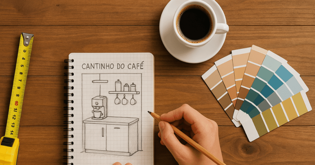 Pessoa planejando a criação de um cantinho do café em um caderno.