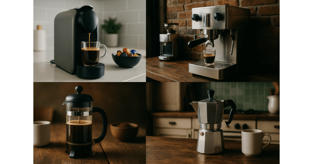 Colagem com os principais tipos de máquina de café: cápsula, expresso, prensa francesa e moka.