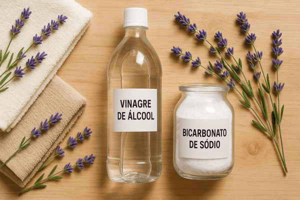 Vinagre branco e bicarbonato de sódio, ingredientes para tirar o cheiro de mofo e amaciar toalhas.