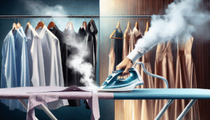 Comparativo entre um ferro a vapor e um vaporizador portátil em ação.