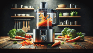 Os melhores processadores de alimentos em ação, fatiando legumes em uma cozinha moderna.