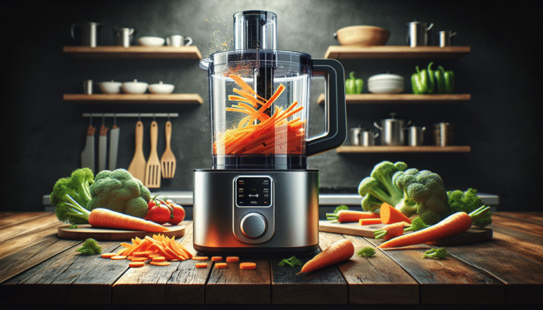 Os melhores processadores de alimentos em ação, fatiando legumes em uma cozinha moderna.