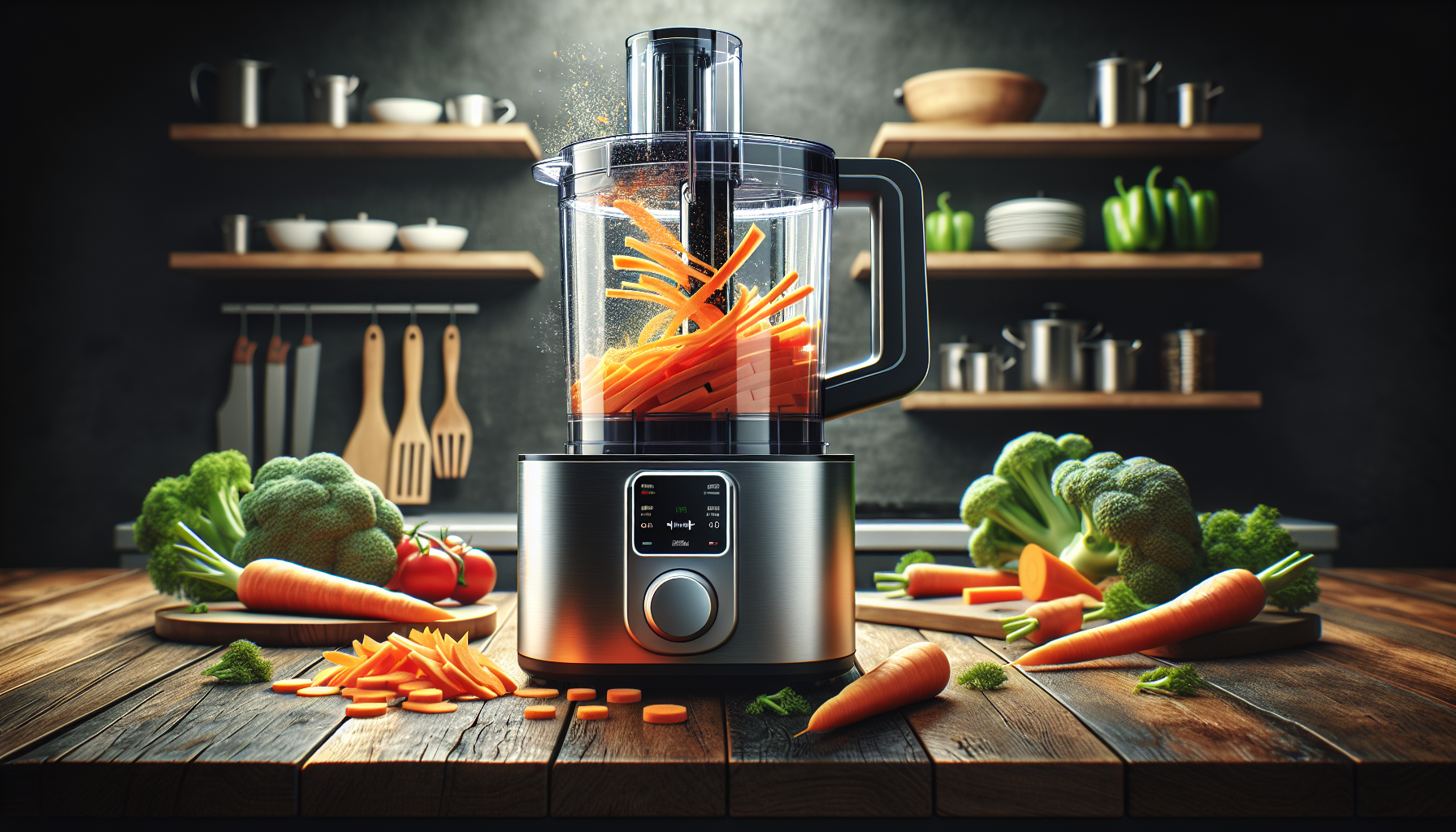 Os melhores processadores de alimentos em ação, fatiando legumes em uma cozinha moderna.