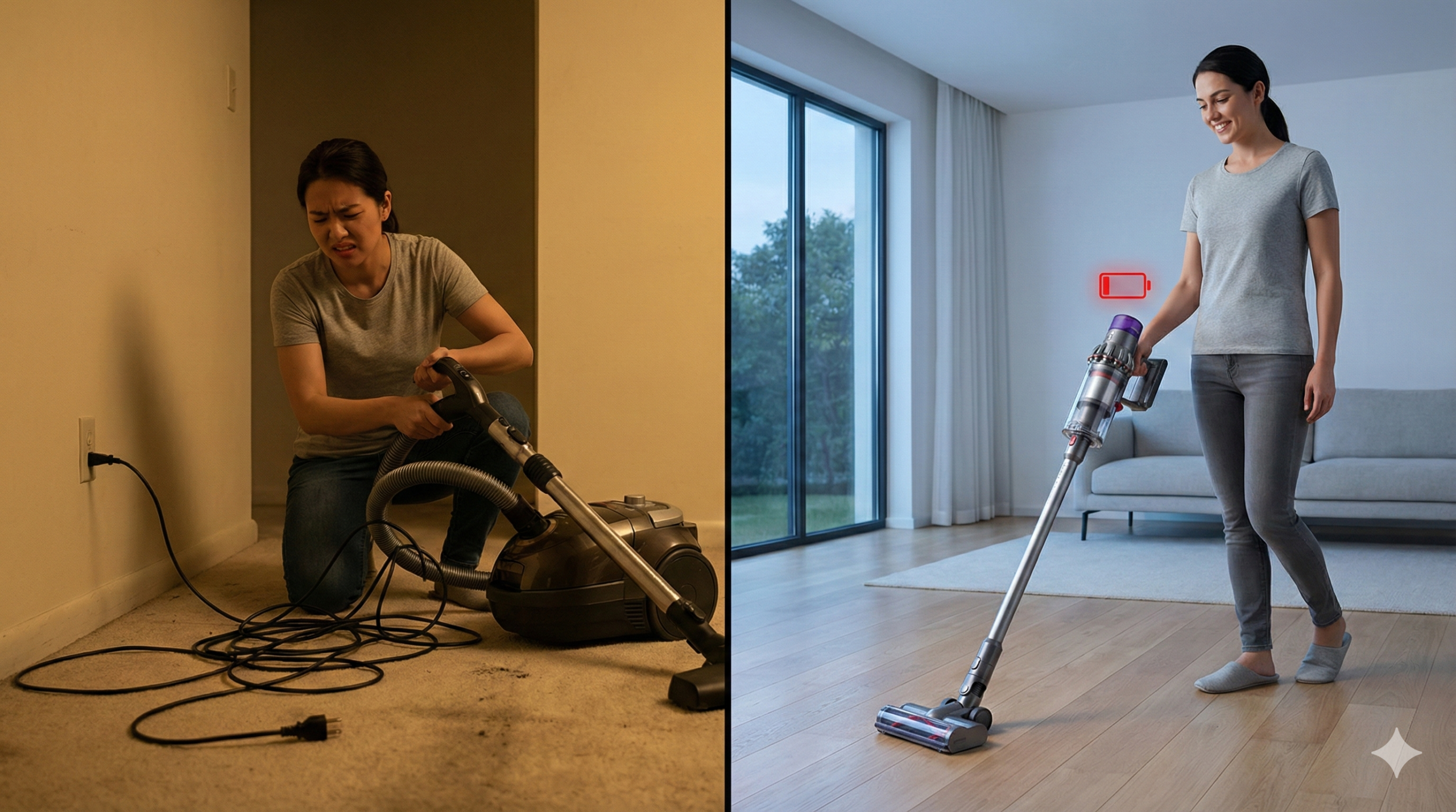 Comparativo visual entre aspirador vertical com fio e aspirador sem fio mostrando vantagens e desvantagens.