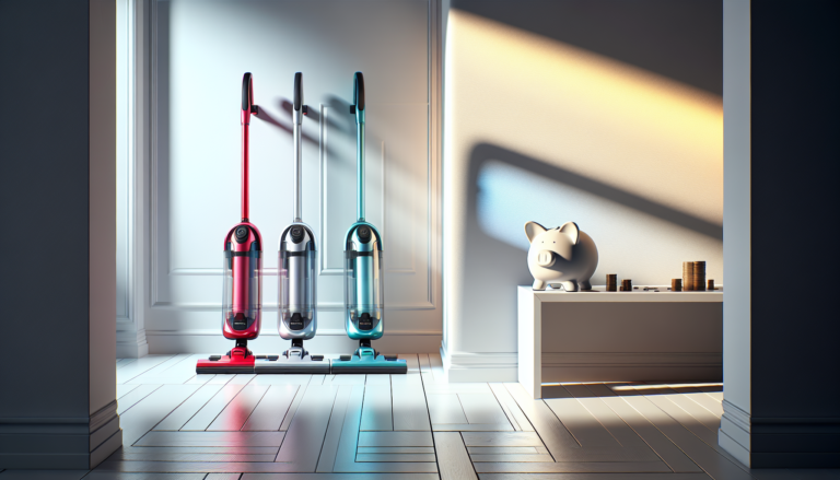 Três aspiradores verticais coloridos encostados na parede com cofre de porquinho indicando economia.