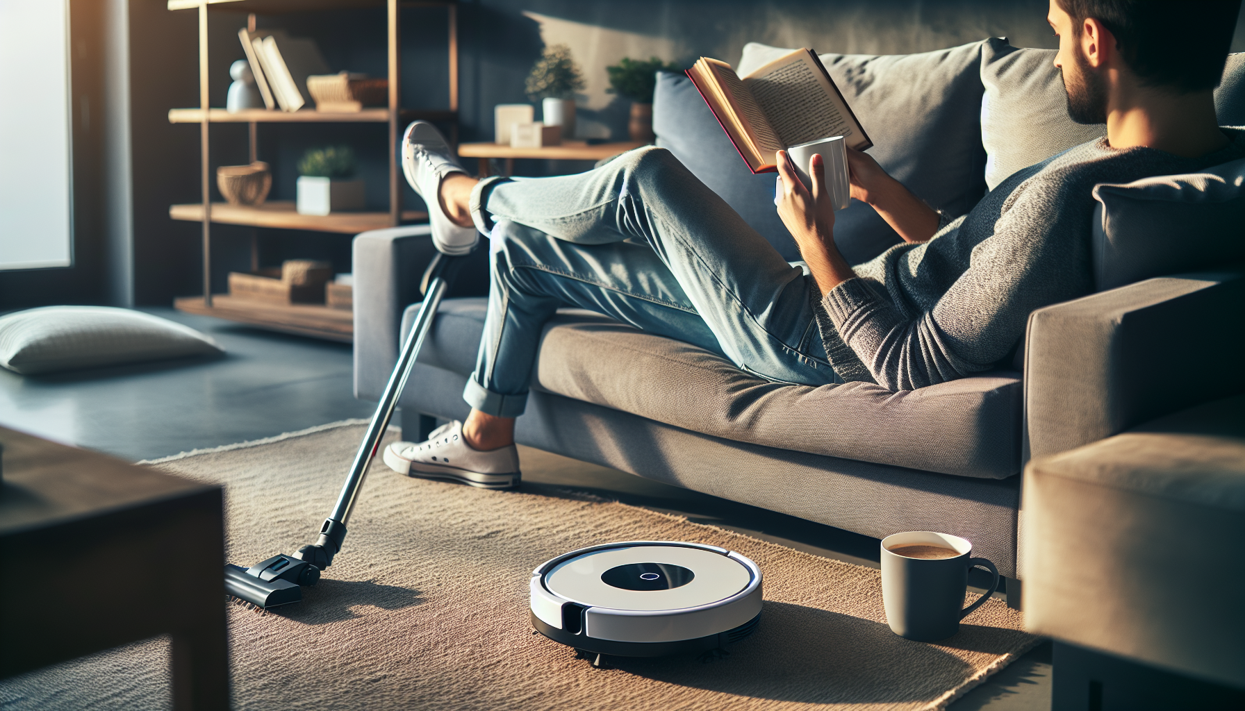 Pessoa relaxando no sofá enquanto o aspirador robô limpa a sala automaticamente.