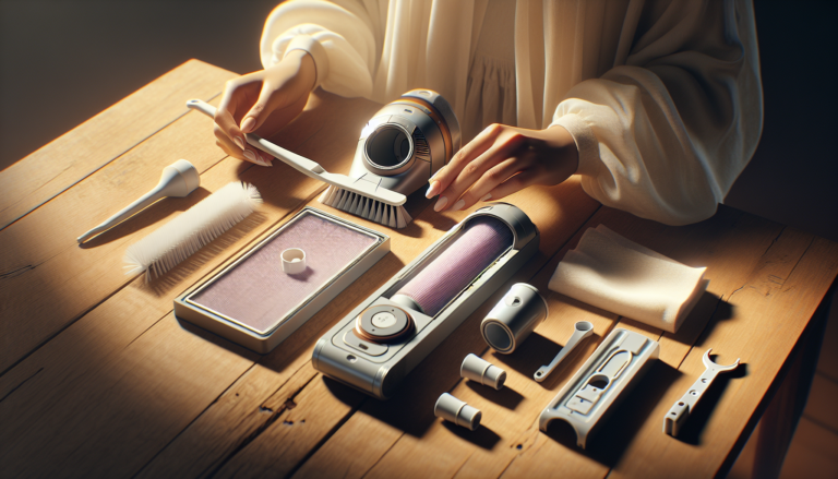 Mãos limpando filtro HEPA de aspirador de pó desmontado sobre a mesa.