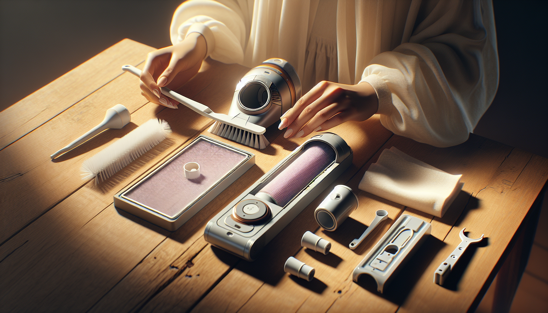 Mãos limpando filtro HEPA de aspirador de pó desmontado sobre a mesa.