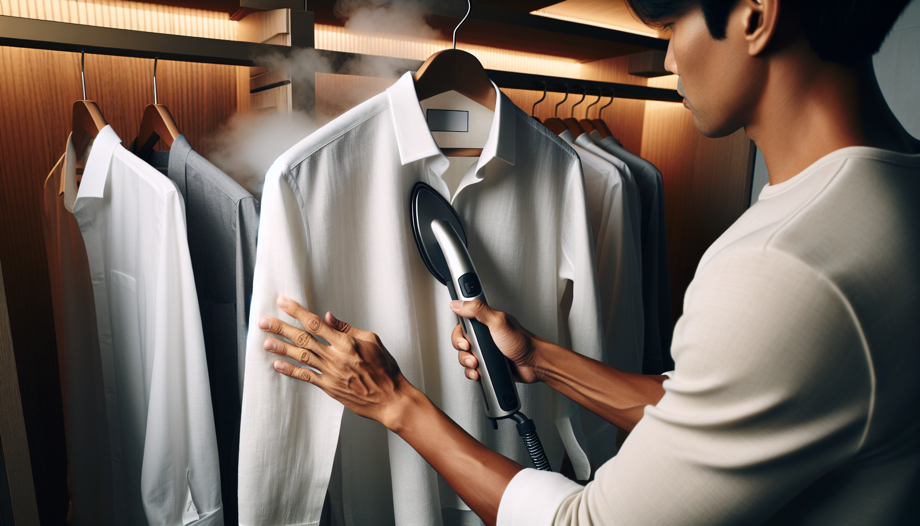 Pessoa demonstrando como esticar a camisa para usar o vaporizador de roupas corretamente.