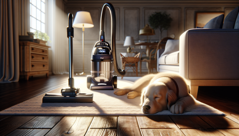 Golden retriever dormindo em sala limpa com aspirador de pó ao fundo.