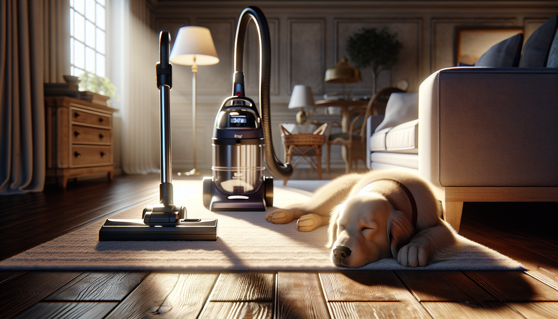 Golden retriever dormindo em sala limpa com aspirador de pó ao fundo.