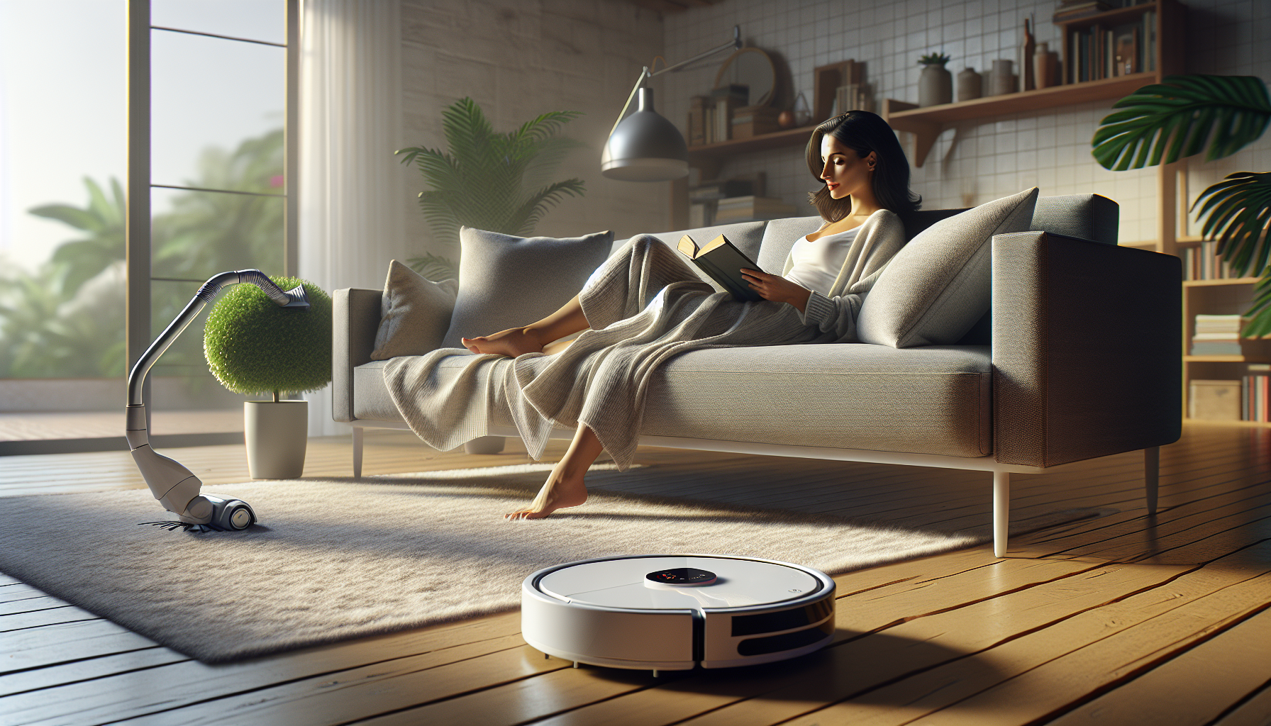 Mulher lendo livro no sofá enquanto aspirador robô branco limpa sala de apartamento moderno.