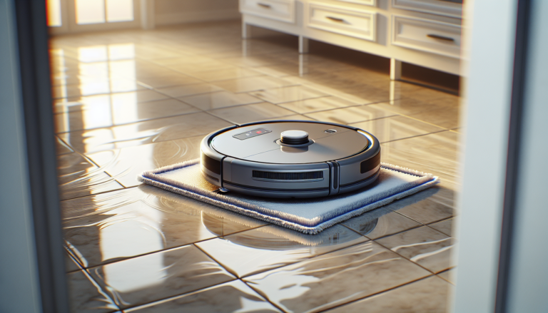 Robô aspirador híbrido passando pano em piso de porcelanato deixando rastro limpo.