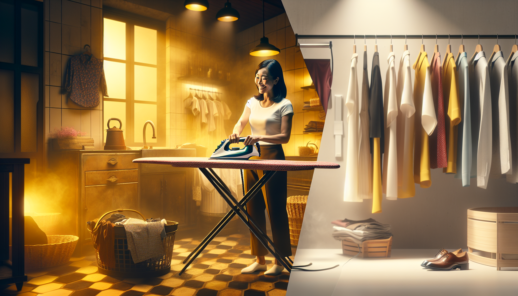 Comparação entre passar roupa com ferro tradicional e usar vaporizador portátil moderno.