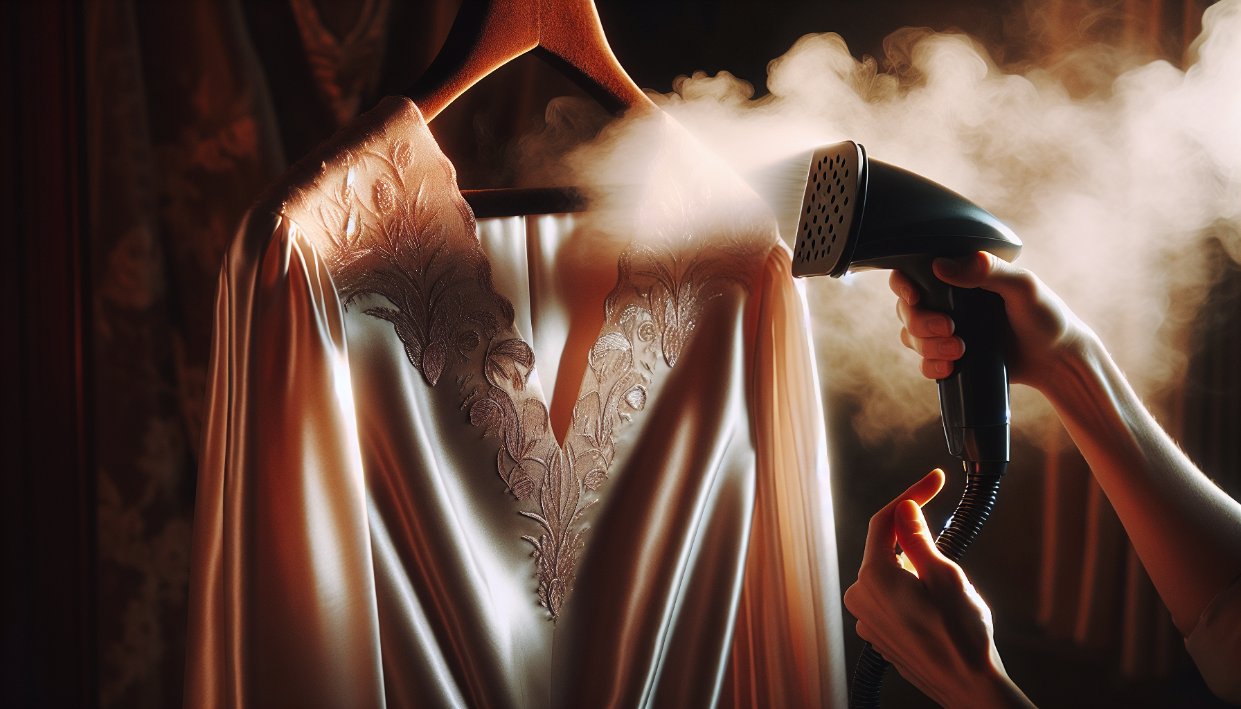 Aplicação segura de vaporizador em vestido de seda delicado.