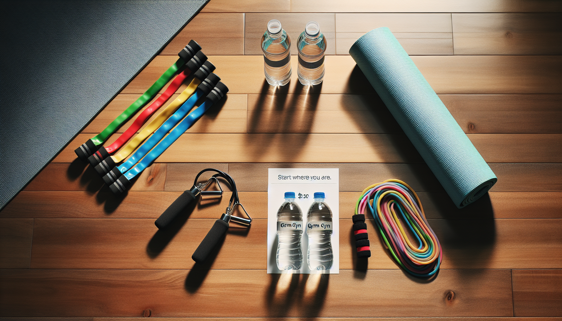 Kit de equipamentos baratos para academia em casa incluindo elásticos e corda.