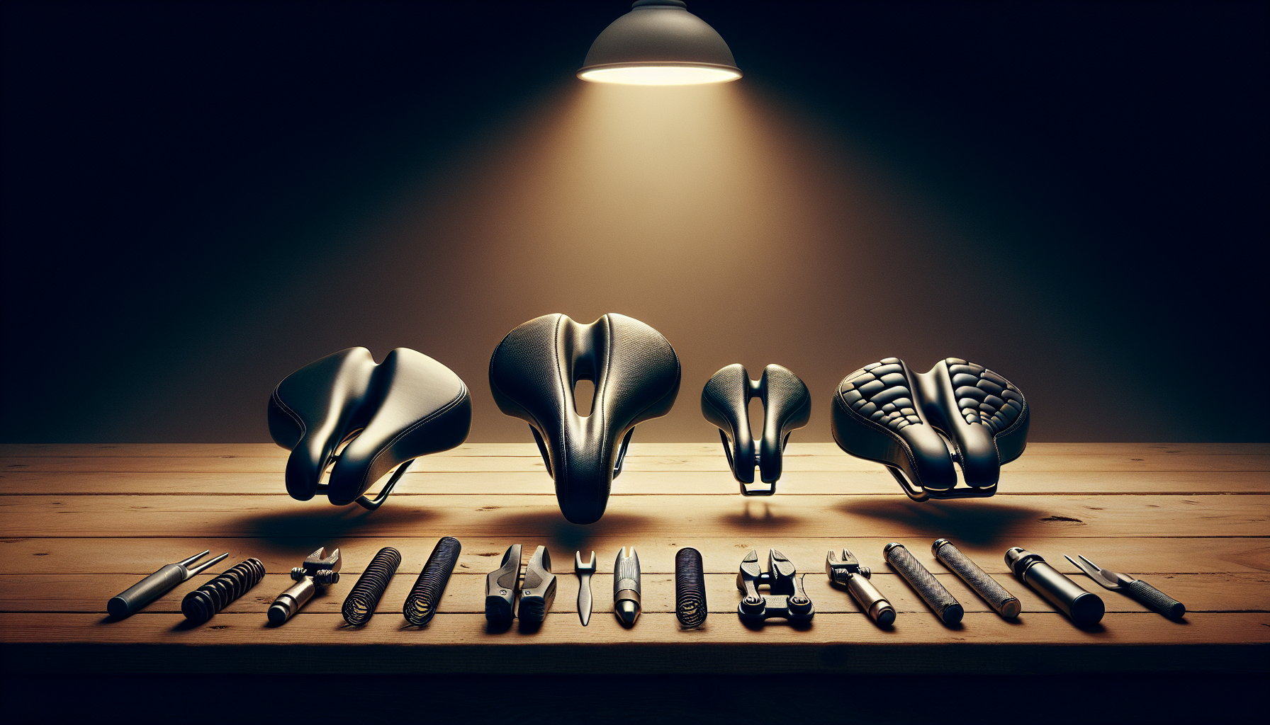 Três tipos de selim de bicicleta (corrida, gel e conforto) lado a lado para comparação.