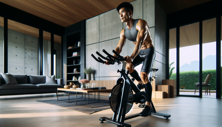 Homem alto treinando confortavelmente em bicicleta ergométrica robusta de spinning.
