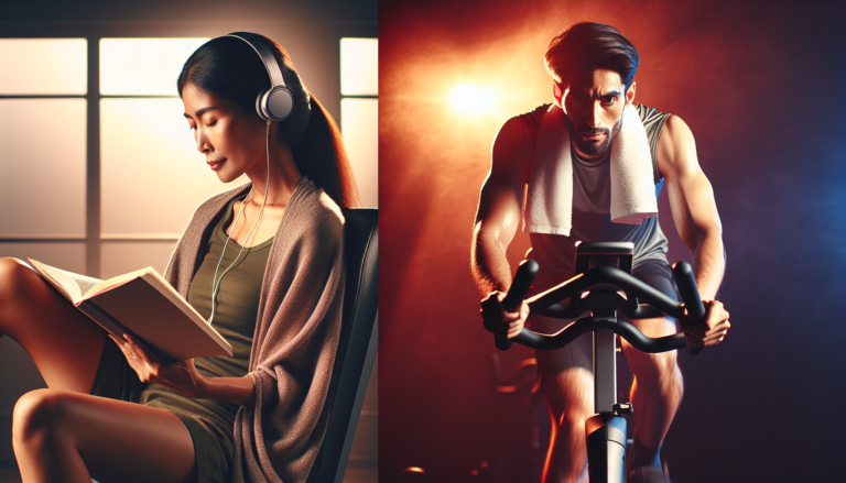 Comparativo visual entre uso relaxado de bike vertical e uso intenso de bike spinning.