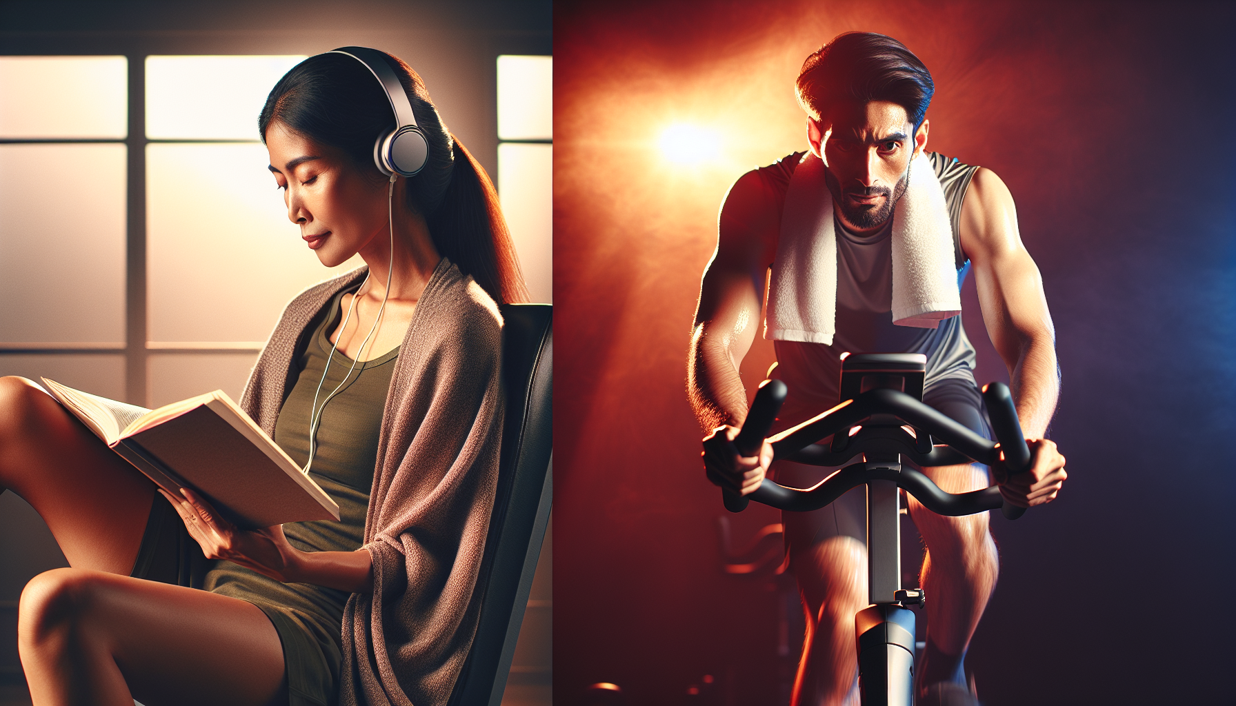 Comparativo visual entre uso relaxado de bike vertical e uso intenso de bike spinning.