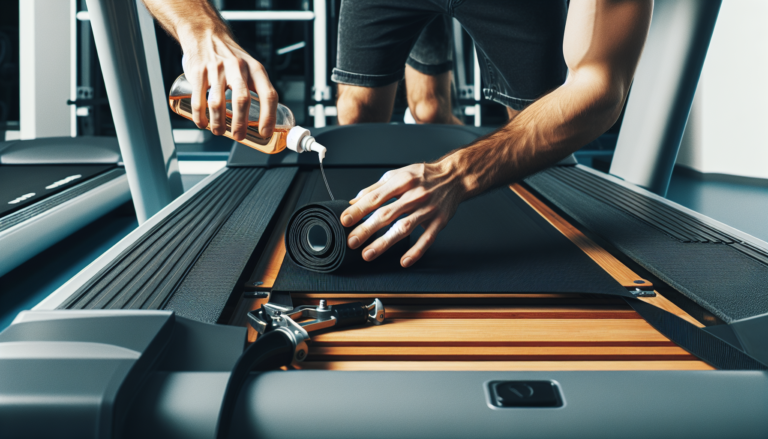 Pessoa aplicando silicone lubrificante embaixo da lona da esteira ergométrica.