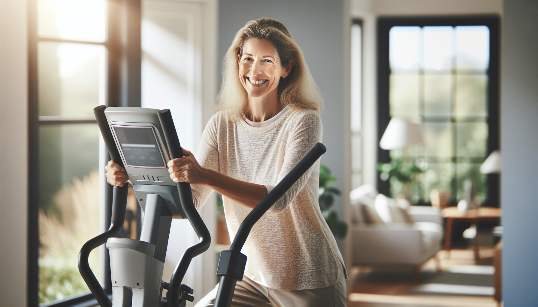Mulher treinando em aparelho elíptico transport em casa.