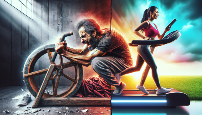 Comparativo visual de esforço entre esteira mecânica manual e esteira eletrônica motorizada.