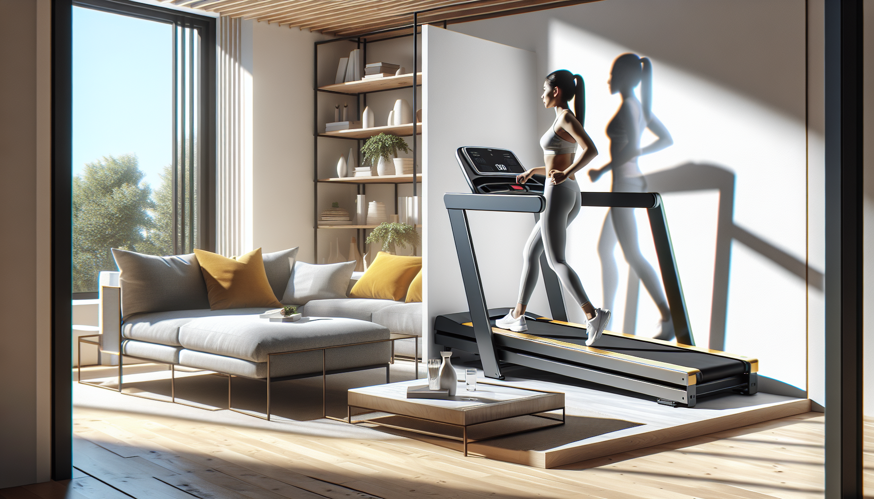 Esteira compacta em uso na sala de apartamento e ilustração dela guardada embaixo do sofá.