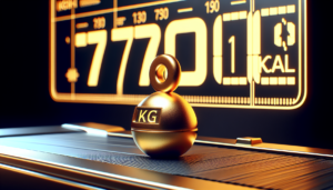 Representação visual de 1kg de peso sobre uma esteira ergométrica representando 7700 calorias.