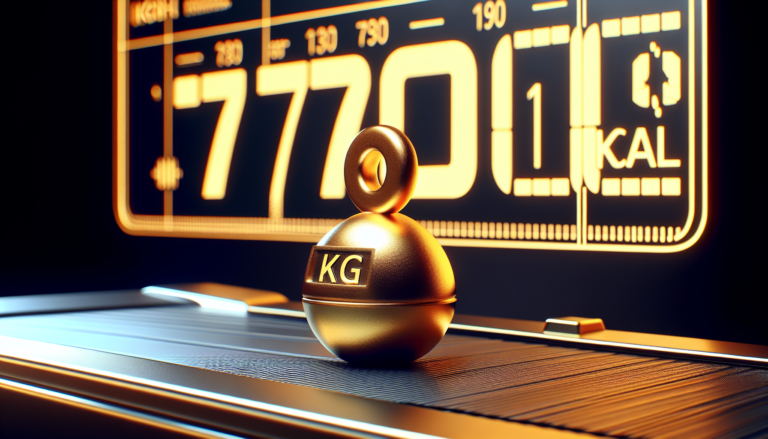 Representação visual de 1kg de peso sobre uma esteira ergométrica representando 7700 calorias.