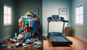 Comparativo entre esteira usada como cabide de roupas e esteira limpa pronta para treino.