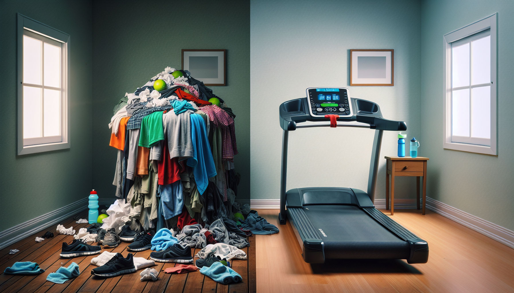 Comparativo entre esteira usada como cabide de roupas e esteira limpa pronta para treino.